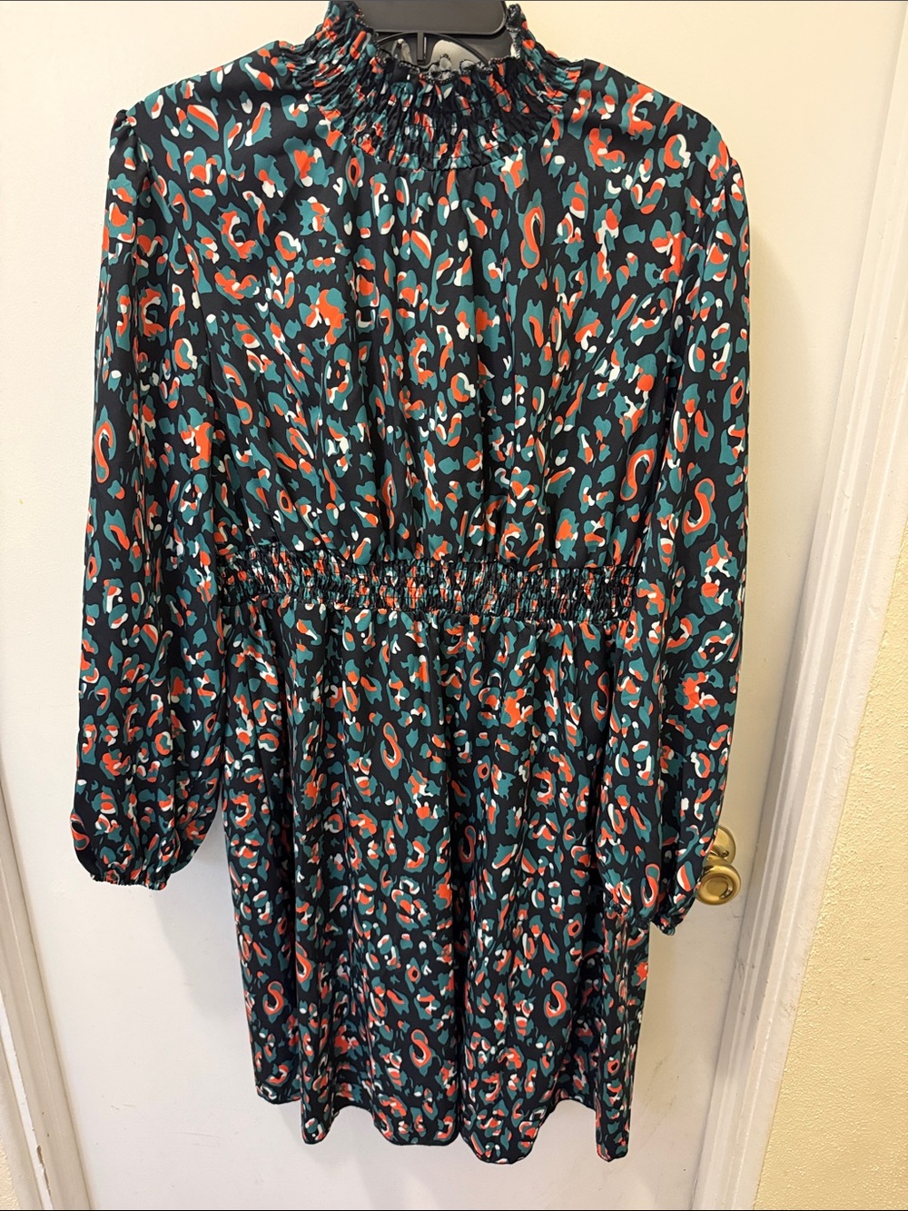 Women's Smocked Waist Long-Sleeve Dress in Teal & Coral Cheetah Print
